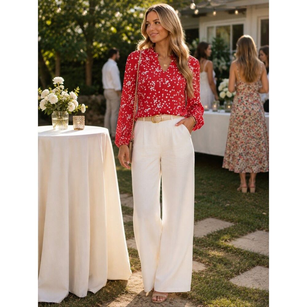 Women’s Red Printed V-Neck Blouse Dots Old Money Coastal Casual Cottagecore